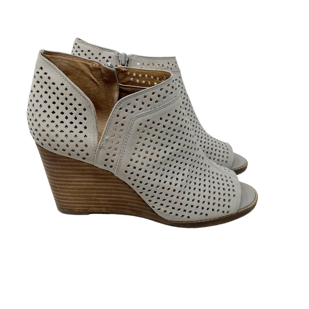 Lucky Brand Womens 8.5 Gray Jazley Perforated Wedge Booties Leather Open Toe